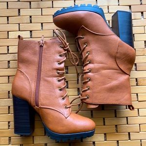Cognac brown leather heel zip up boots